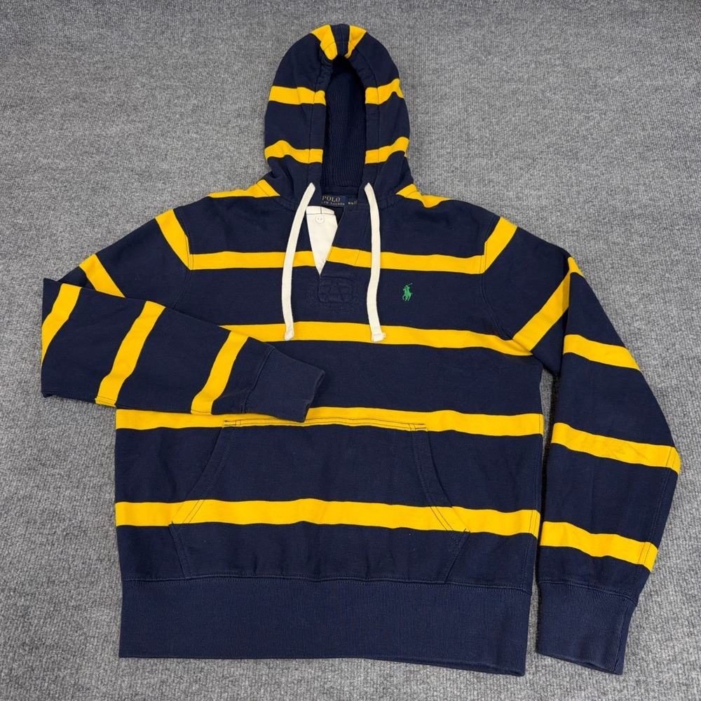 Polo Ralph Lauren Hoodie Mens M Rugby Striped Navy Yellow Pony Preppy Thermal‎ - Picture 2 of 10